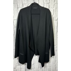 Eileen Fisher Minimalist MERINO Wool Open-Front Cardigan Pockets Leather Trim L